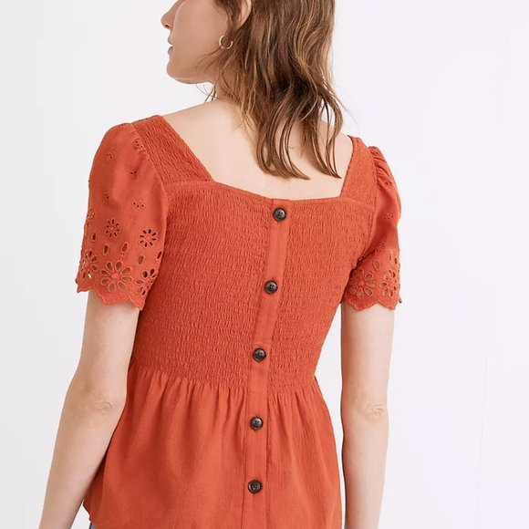 Madewell Eyelet-Sleeve Lucie Smocked Peplum Top Size XS - Picture 2 of 10